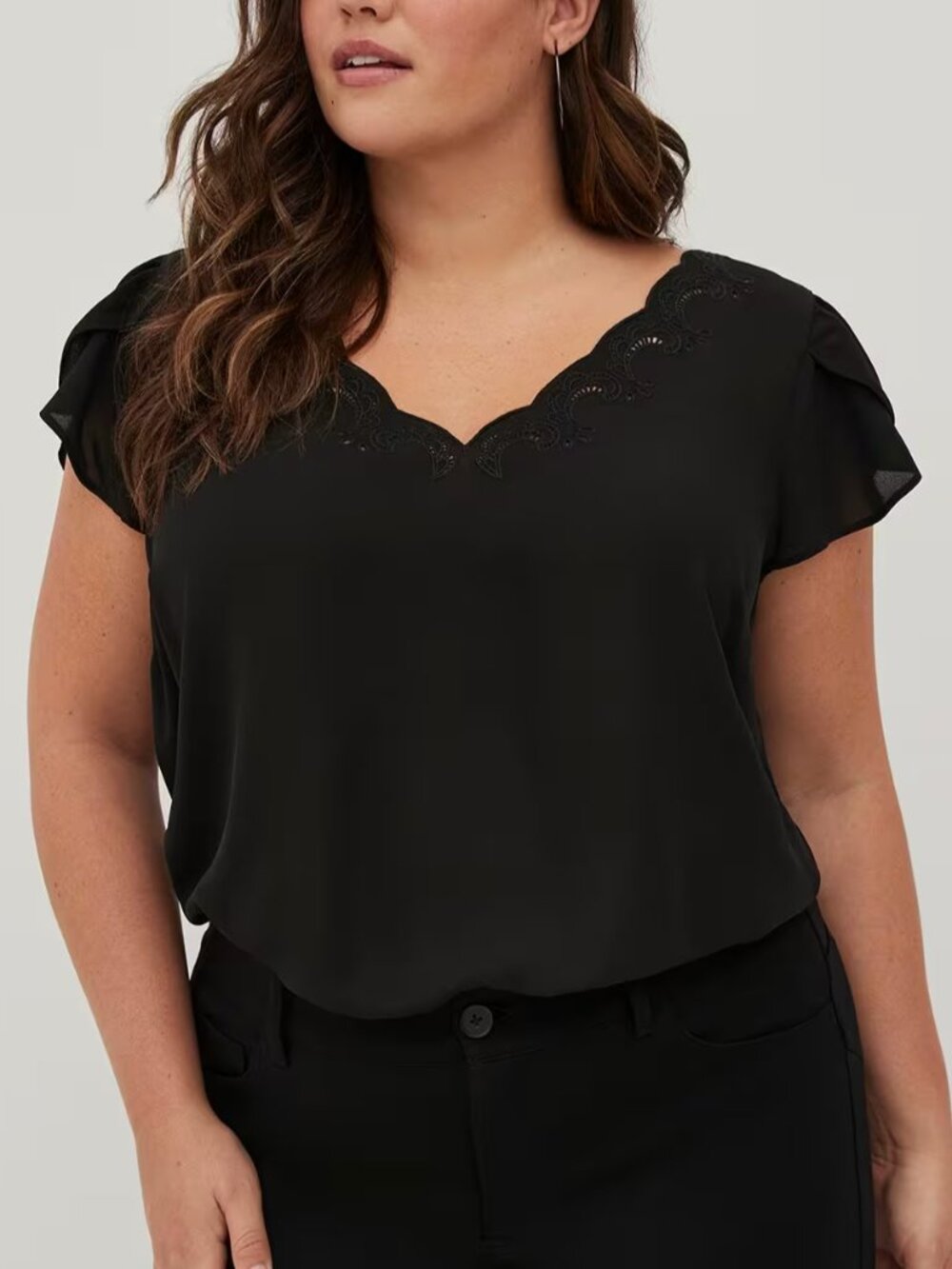 TORRID 1 Plus Size Georgette Embroidered Tulip Sleeve Blouse Black V-Neck Work